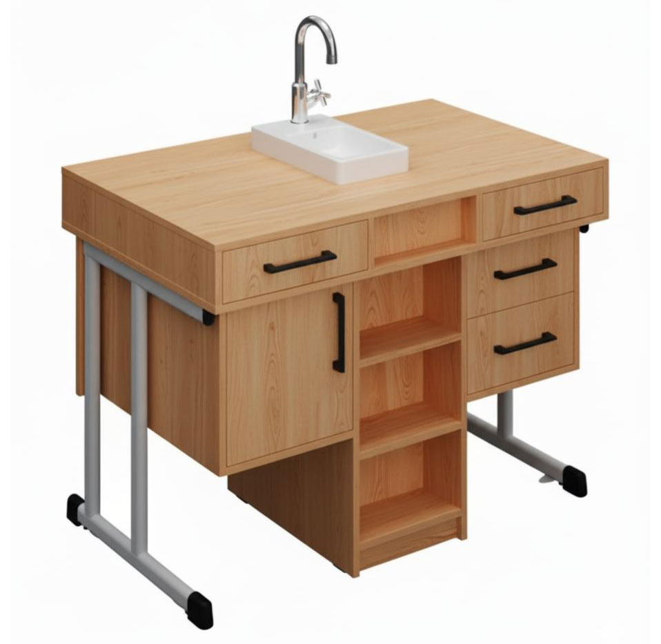 Стіл демонстраційний, 1200х750х900 мм, на вертикальній плоскоовальній трубі, з мийкою, стільниця покрита пластиком HPL (ЛЕОНТЕК) (100307 HPL)